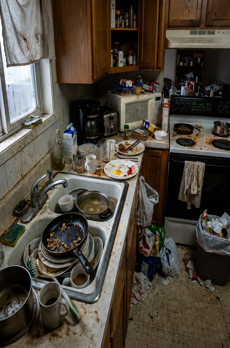 Cluttered kitchen before cleaning in Worcester