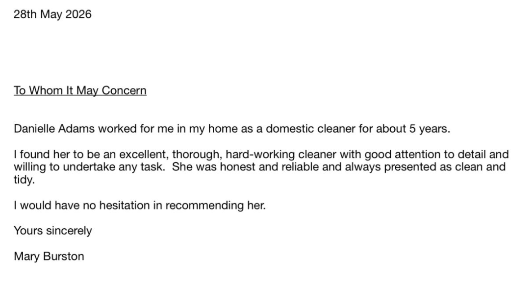 Written reference letter from Mary Burston recommending Danielle Adams of Betsy Cleaning after 5 years of domestic cleaning